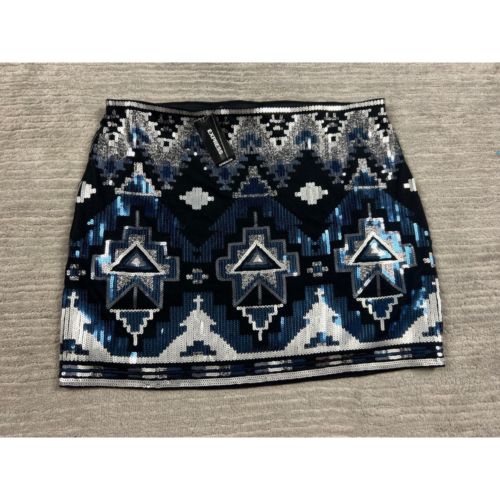 Express Mini Skirt Womens Small Blue Silver Sequin Geometric Party Glam NWT